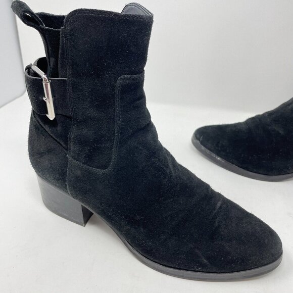 Via Spiga Womens 9M Boots Bootie Black Leather Suede Buckle Block Heel Zipper - Picture 2 of 11